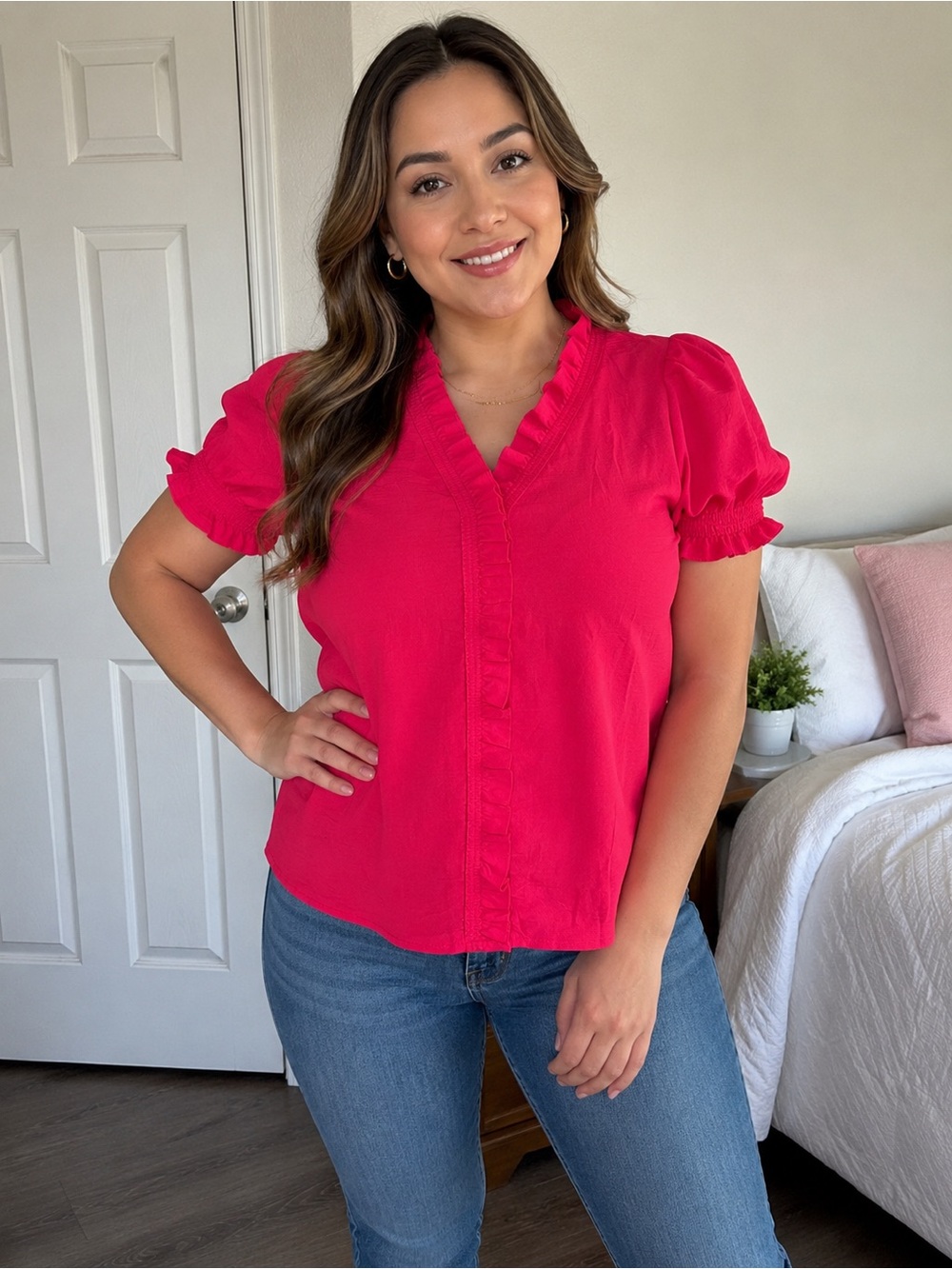 Sage Ruffled V-Neck Short Sleeve Blouse in Hot Pink